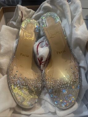 Christian Louboutin Iridescent Crystal-Embellished Clear Mules